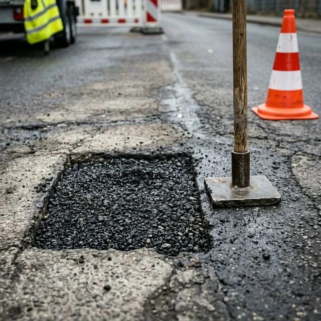 Kaltasphalt-Reparatur eines Schlaglochs